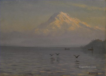 Artworks in 150 Subjects Painting - VIEW OF MOUNT RAINIER WITH FISHERMEN American Albert Bierstadt lake landscape
